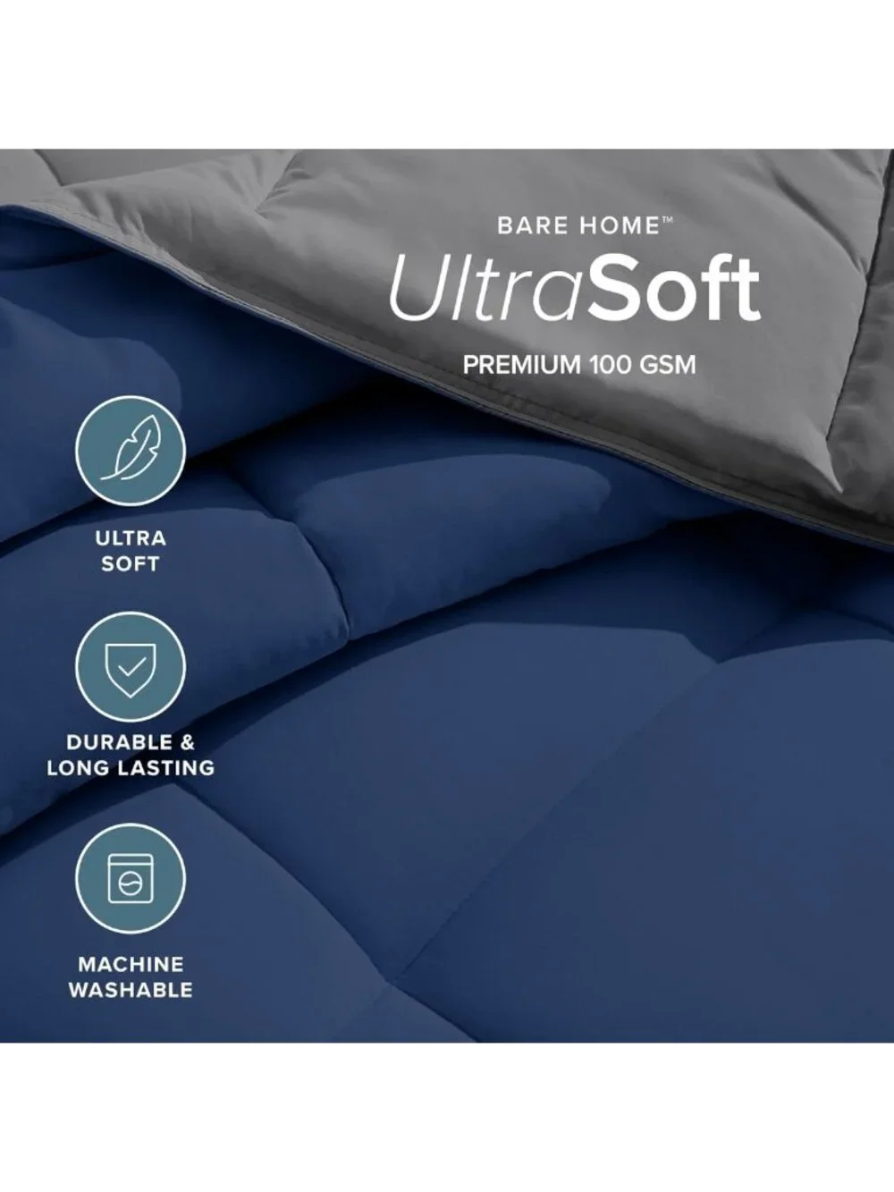 Oversized Reversible Queen Comforter Set - Dark Blue & Grey, Cozy Bedding